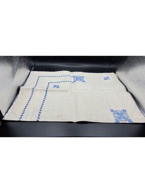 NOS Embroidered Linen Table runner & 6 Napkin Set Blue Floral Handmade MCM VTG